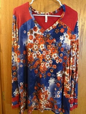 Celeste Floral V-Neck Long Sleeve Top in Blue & Rust